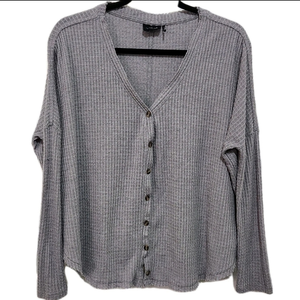 Out From Under Women's XS Slouchy Oversized Waffle Knit Button Up Cardigan Gray